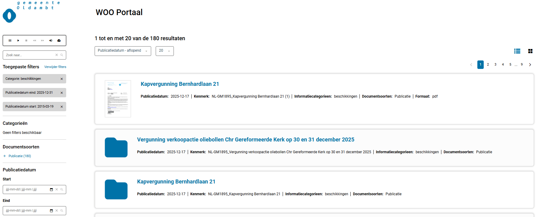 Screenshot van de website van de gemeente Oldambt waarop het Woo-portaal te zien is